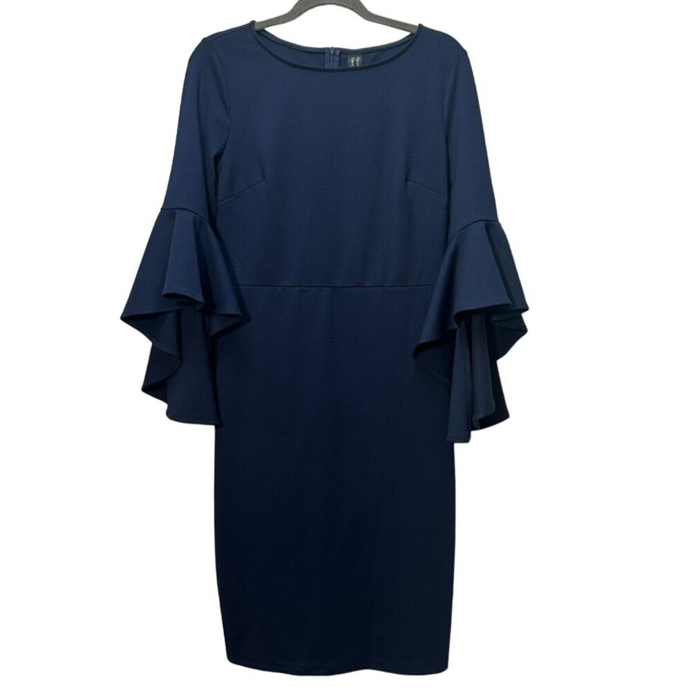 Navy Shift Dress Flounce Sleeve Career Wedding Womens Large L Cotton Poly Blend